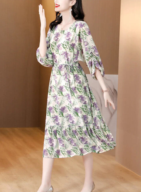 Enchanting Floral Long Sleeve Dress, Luxury Chic Ruffled Long Casual & Evening Women Dress